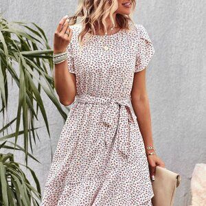 Devine Belted Round Neck Petal Sleeve Mini Dress